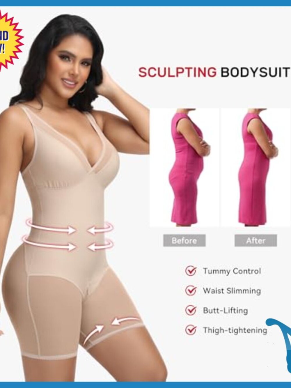V Neck Shapewear Bodysuit Tummy Control Butt Lifting Full Body Shaper - Picture 3 of 7